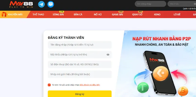 may88 3 Cách đăng ký tài khoản MAY88 đơn giản, nhanh gọn